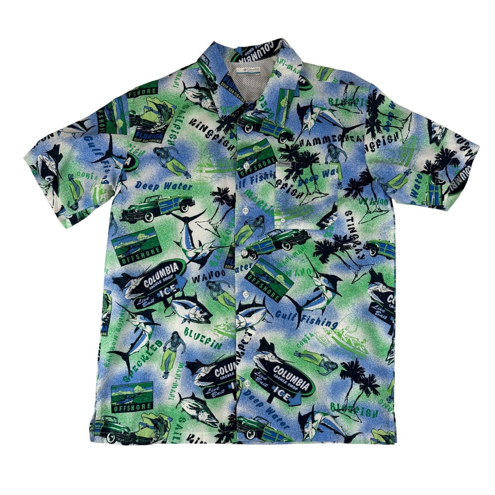 Columbia PFG Button Up Shirt Mens Medium Blue Green Fishing Tropical FM7011 Fish